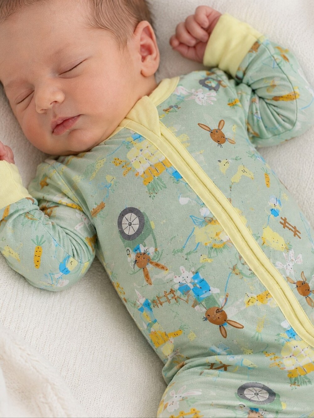 Little Sleepies Newborn Zip Sleeper – Mint Farm Bunny Print Whimsical Baby Cotta
